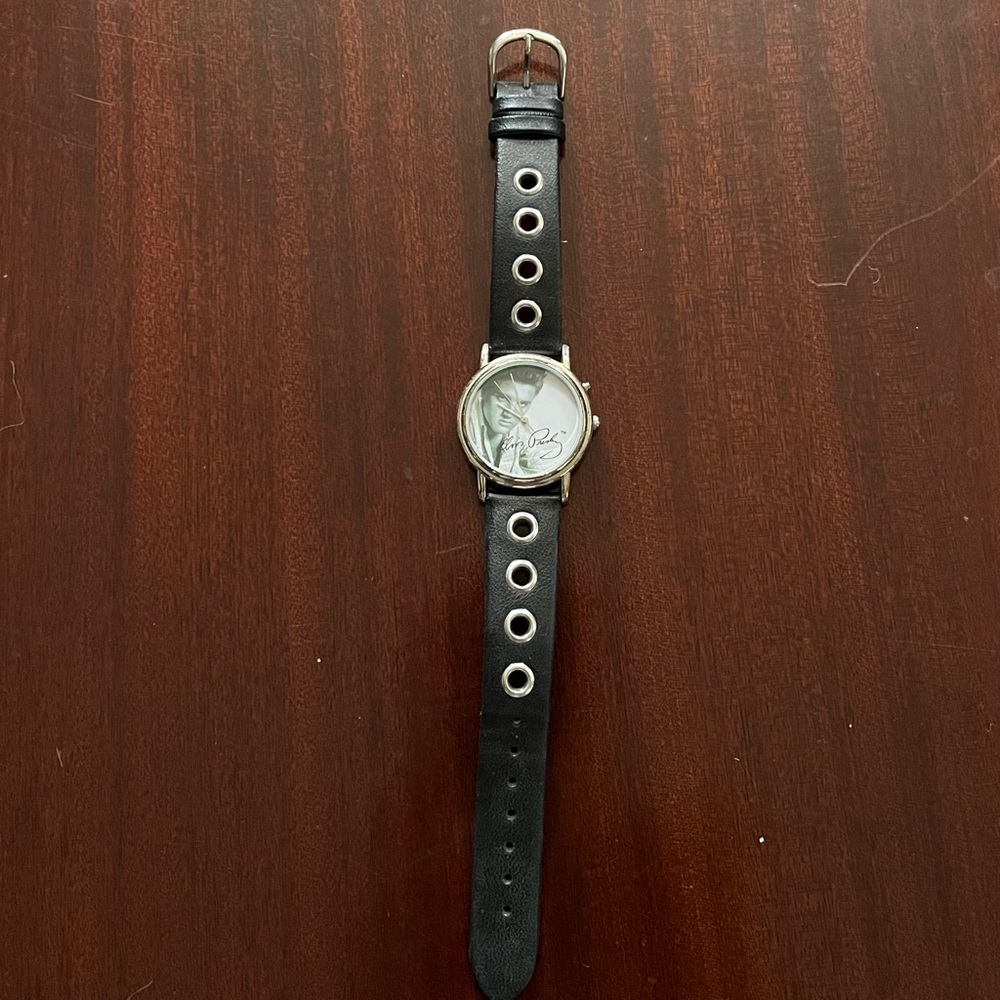 Vintage Black Leather Elvis Presley Strap Watch with Silver Accents